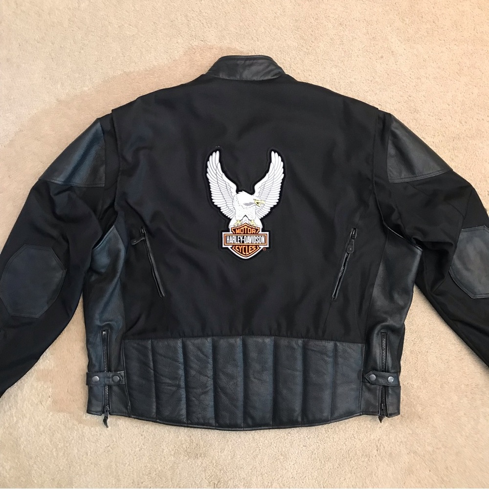 Black Leather Nylon Motorcycle Riding Jacket Mens Size 54 2X Harley Patches